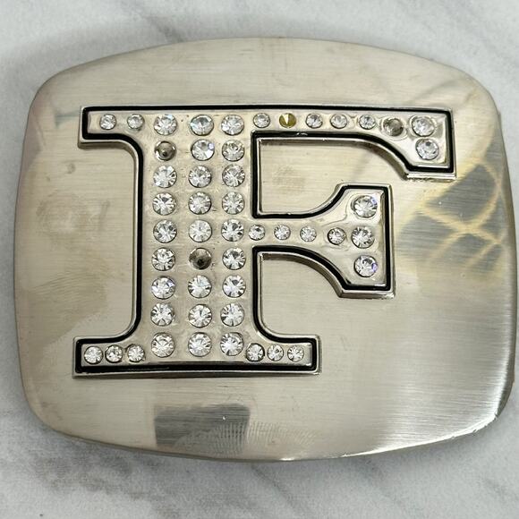 Rhinestone Studded F Letter Initial Monogram Silver Tone Belt Buckle - Picture 1 of 8
